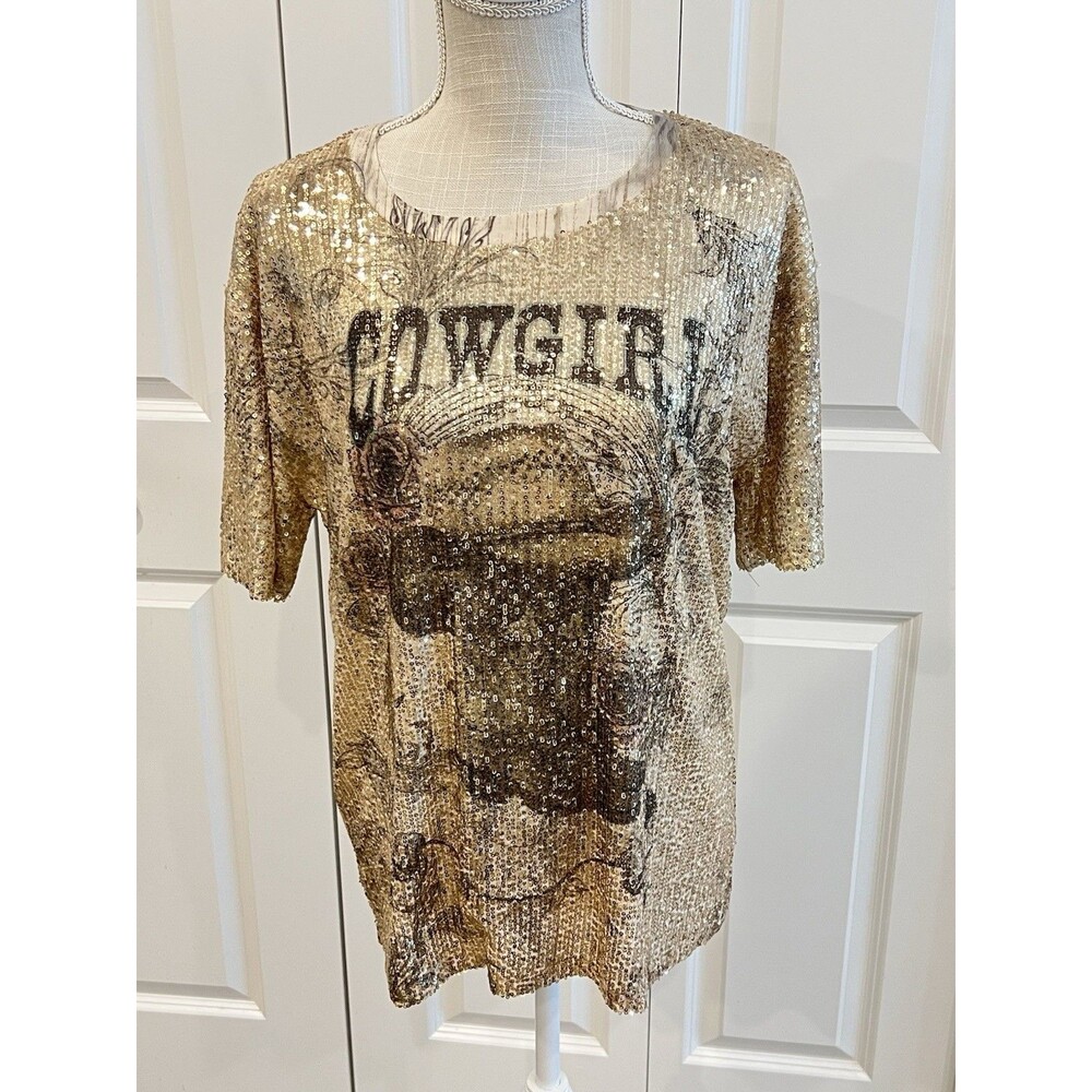 Cowgirl Western Sparkly Blouse Shirt Sequin Top with Cowgirl S Short sleeve